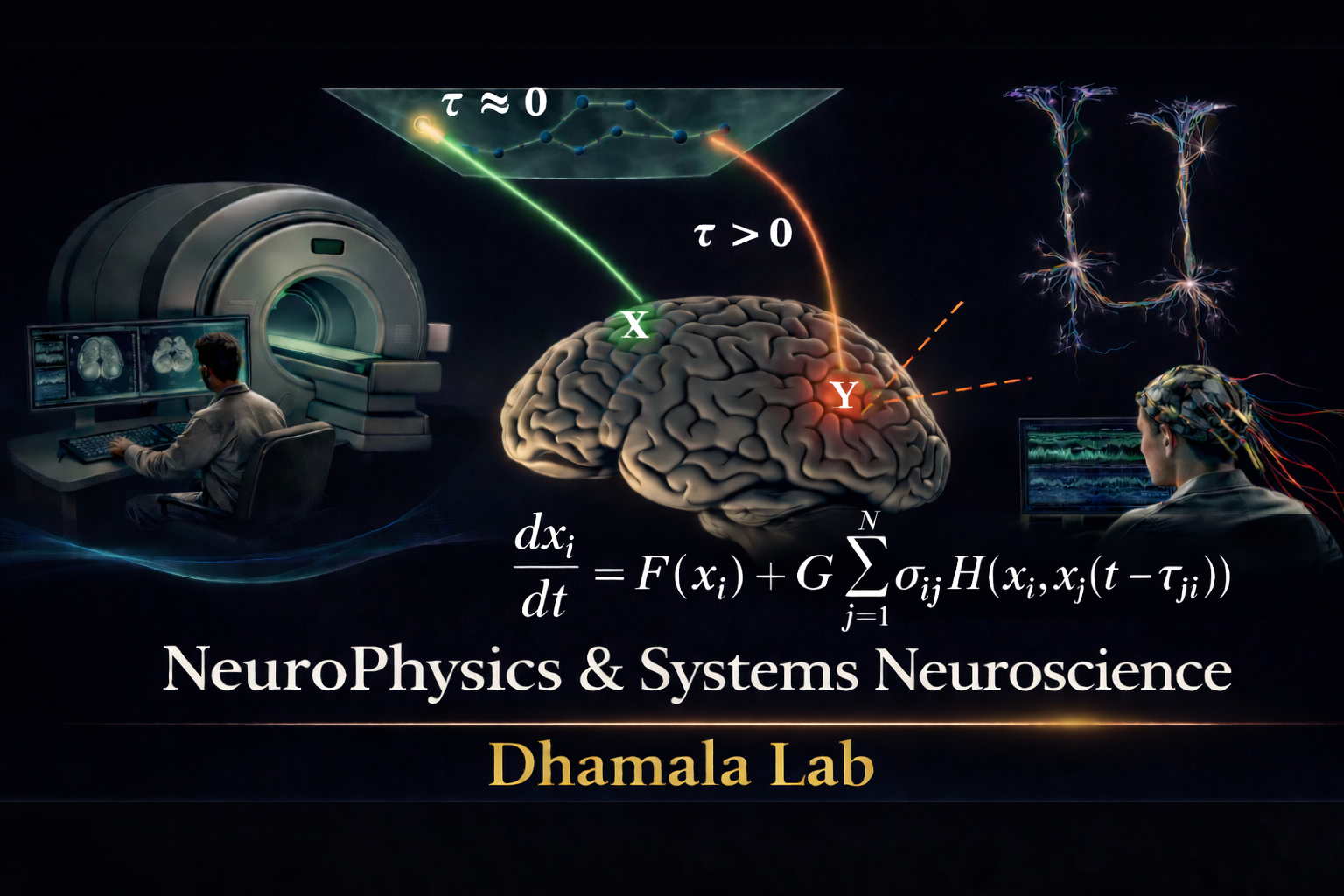 NeuroPhysics and Systems Neuroscience banner: MRI and EEG recording, a brain with directed network pathways labeled X and Y, neuron illustrations, and a dynamical-systems equation; titled Dhamala Lab